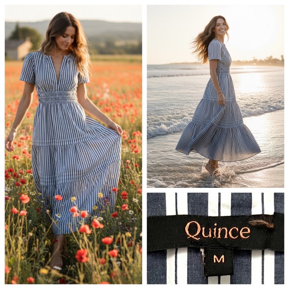 Quince Dresses & Skirts - Quince Organic Cotton Tiered Maxi Dress Navy White Stripe Smocked Resortwear M